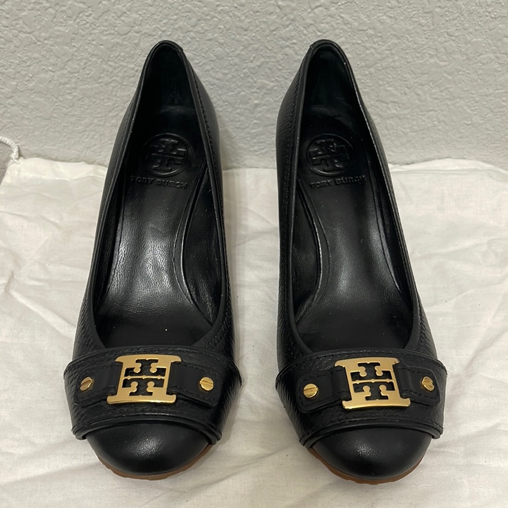 Tory Burch wedge sandals. Black leather. Size 6.5